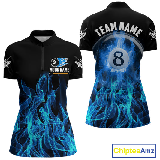 Blue Flaming 8 Ball Billiard Polo & 1/4 Zip For Women Custom Billiard Jersey, Pool Team Shirts TDM5431