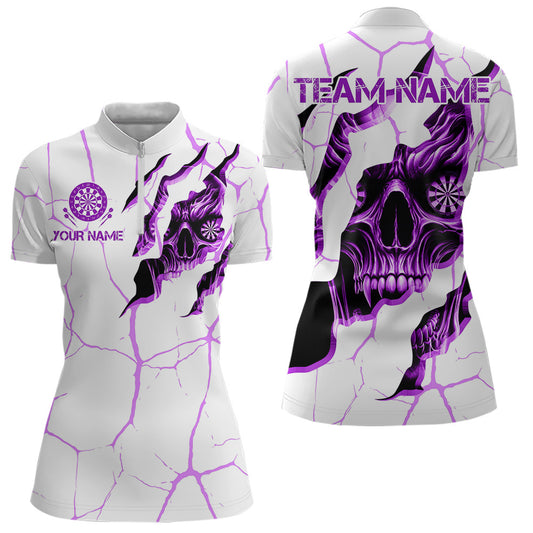 Personalized Skull White Purple Grunge Darts Polo & Quarter-Zip For Women Custom Dart Team Jerseys TDM3704