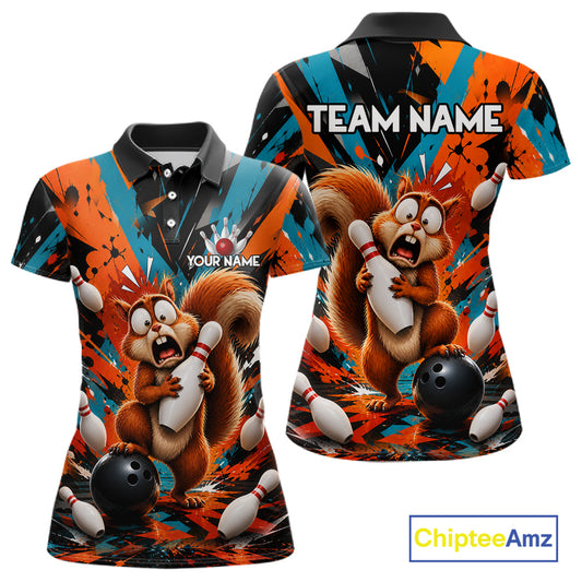 Colorful Graffiti Funny Squirrel Bowling Polo, 1/4 Zip Shirts For Women Custom Bowling Team Jersey TDM6489