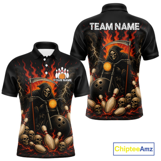 Funny Grim Reaper Motorcycle Bowling Shirts For Men Custom Orange Flame Bowling Team Jersey TDM7214