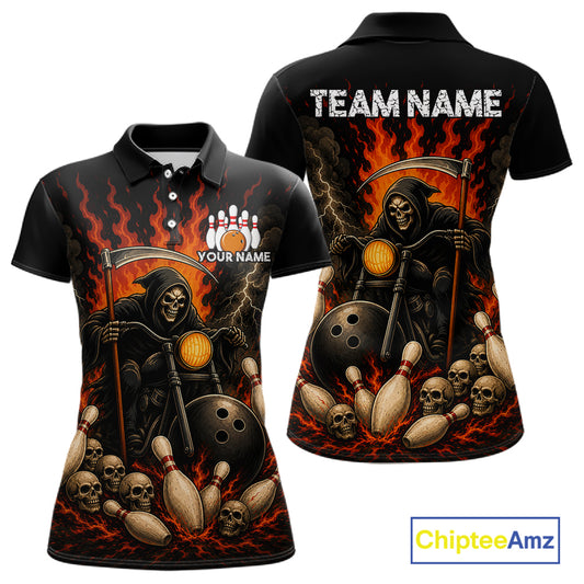 Funny Grim Reaper Motorcycle Bowling Shirts For Women Custom Orange Flame Bowling Team Jersey TDM7214
