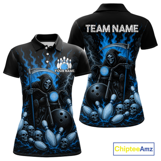 Funny Grim Reaper Motorcycle Bowling Shirts For Women Custom Blue Flaming Bowling Team Jersey TDM7215