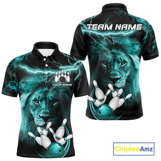 Personalized Turquoise Lightning Thunder Lion Bowling Shirts For Men Custom Bowling Team Jerseys TDM7221