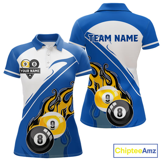 White And Blue 8 Ball & 9 Ball Flame Billiard Shirt For Women Custom Pool Team Jersey Polo & 1/4 Zip TDM6345