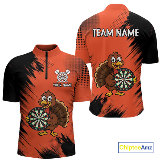 Custom Orange Funny Turkey Darts Shirt For Men, Thanksgiving Darts Team Jersey Polo & 1/4 Zip TDM4803