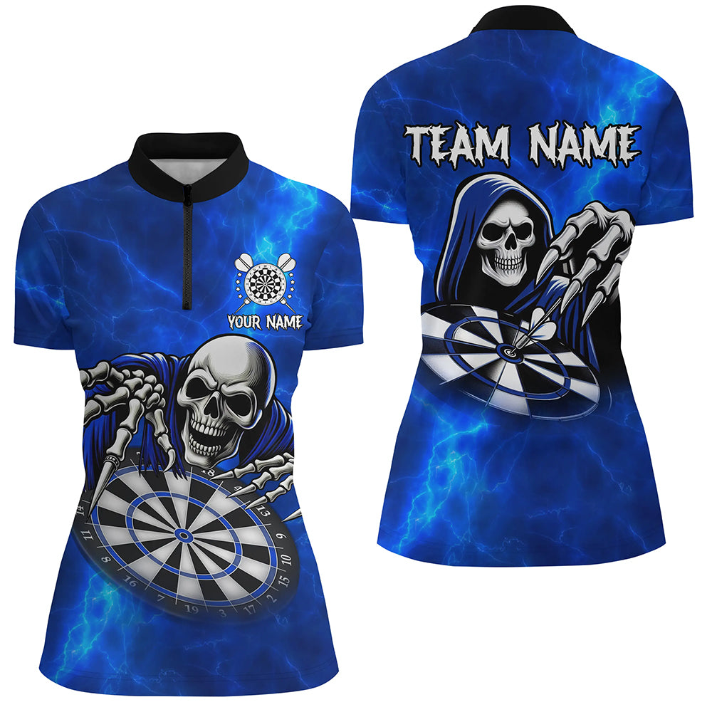 Grim Reaper Custom Blue Dart Shirts For Women, Personalized Name 3D Skull Dart Team Jerseys TDM3018