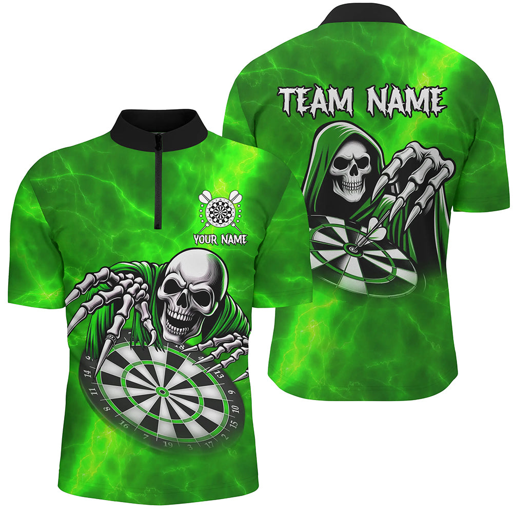 Grim Reaper Custom Green Dart Shirts For Men, Personalized Name 3D Skull Dart Team Jerseys TDM3020
