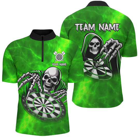 Grim Reaper Custom Green Dart Shirts For Men, Personalized Name 3D Skull Dart Team Jerseys TDM3020