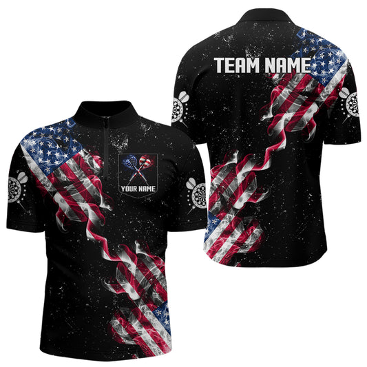 Custom US Flag Smoke Men's Darts Shirt With Pocket, Patriotic Darts Jersey TDM3455