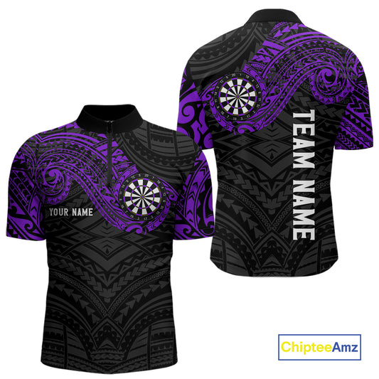 Personalized Black And Purple Tribal Darts Shirt For Men Custom Darts Jersey Team Polo & 1/4 Zip TDM4825