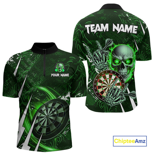 Green 3D Skull Darts Polo & 1/4 Zip For Men Custom Darts League Team Jersey, Best Darts Gifts TDM4829