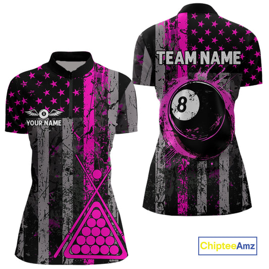 Custom Pink Grunge US Flag Patriotic Billiard Shirts For Women, Retro 8 Ball Pool Billiard Jersey TDM4045
