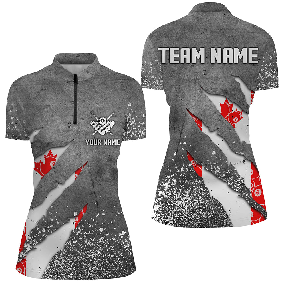 Custom Ball 8 Canada Flag Grey Grunge Women Billiard Polo & 1/4 Zip Shirt Best Billiard Team Jersey TDM1650