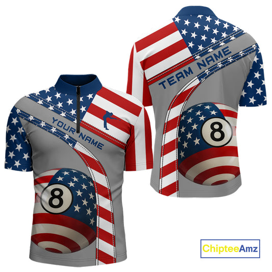 Custom Men's 8 Ball Billiard Shirts, American Flag Polo & 1/4 Zip Patriotic Pool Team Jerseys TDM4055
