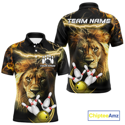 Personalized yellow lightning thunder lion bowling team jersey polo shirt for men featuring a fierce lion with yellow lightning artwork, premium custom bowling team apparel.