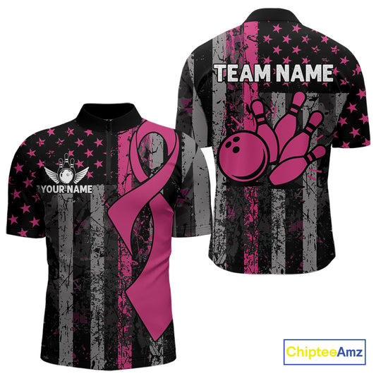 Custom Pink Ribbon Grunge US Flag Patriotic Bowling Shirt For Men, Breast Cancer Bowling Jerseys TDM4853