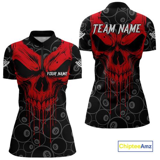 Personalized Skull 8 Ball Billiard Shirt For Women Custom Pool Team Jersey Polo & 1/4 Zip |Red TDM5069