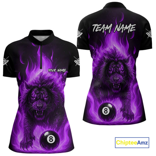 Purple Flaming Lion 8 Ball Billiard Shirts For Women Custom Fire Billiard Team Jersey Polo & 1/4 Zip TDM5307