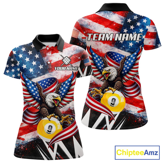 Custom American Flag Eagle Billiard Shirt For Women, Patriotic 9 Ball Pool Team Jersey Polo, 1/4 Zip TDM6182