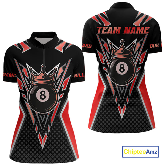 Customized 8 Ball Pool Crown Women Billiard Shirts, Red And Black Billiard Team Shirts, Pool Jersey TDM4079