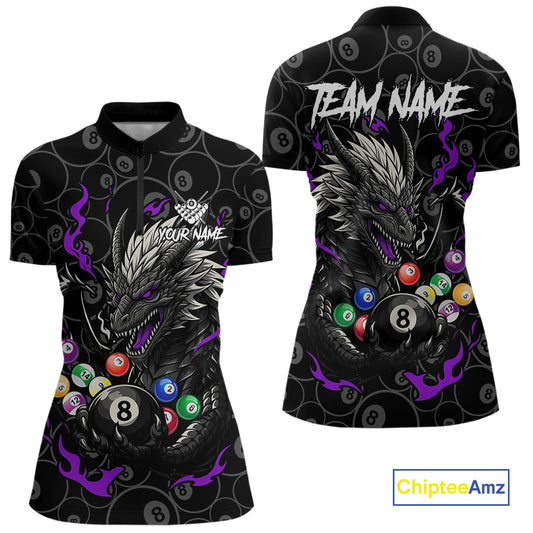 Personalized 8 Ball Dragon Billiard Shirt For Women, Billiard Team Jersey Polo & 1/4 Zip |Purple TDM5111