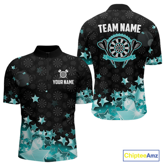 Funny Custom Dart Shirt For Men, Turquoise Black Glowing Star Pattern Darts Polo & Quarter Zip TDM5325