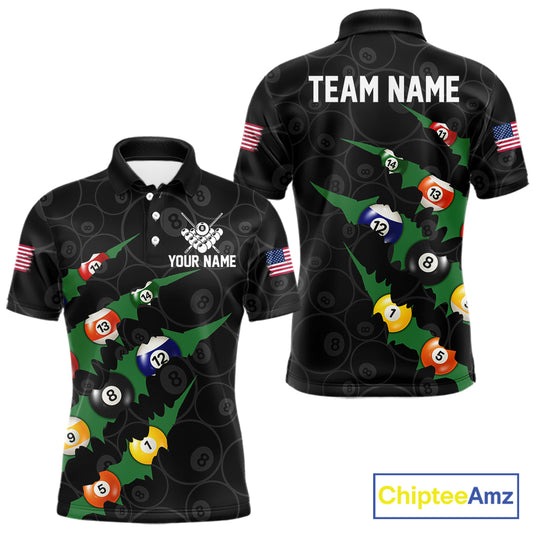 Custom Green 8 Ball Pool Scratch Billiard Shirt For Men, Black Billiard Team Jersey Polo & 1/4 Zip TDM6435