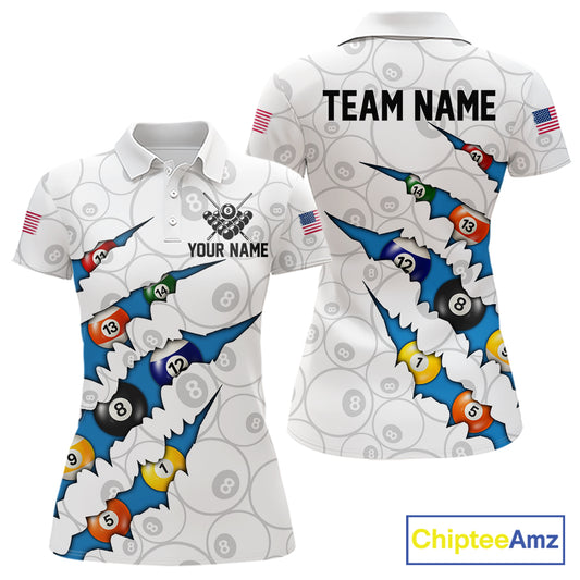 Custom Blue 8 Ball Pool Scratch Billiard Shirt For Women, White Billiard Team Jersey Polo & 1/4 Zip TDM6439