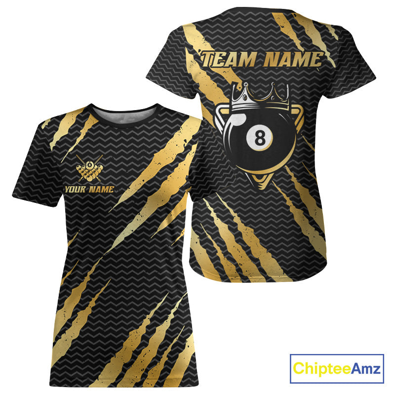 Black And Gold Scratch Billiard T-Shirts For Women Custom 8 Ball Crown Pool Team Jersey TDM4095