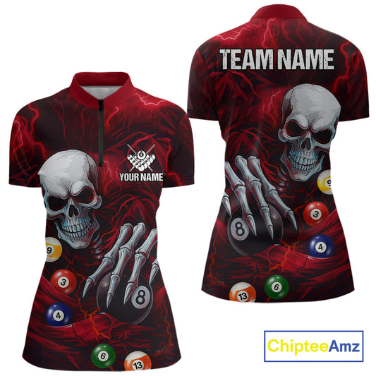 Personalized Red Funny Skeleton Pool Balls Billiard Shirt For Women, Skull Billiard Team Jerseys TDM5343