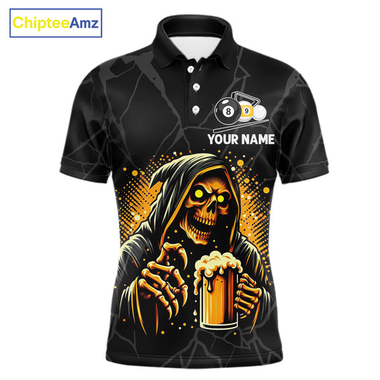 Grim Reaper 8 ball and 9 ball pool and beer That's Why I'm Here custom billiard team jersey polo shirt for men, funny pool apparel.