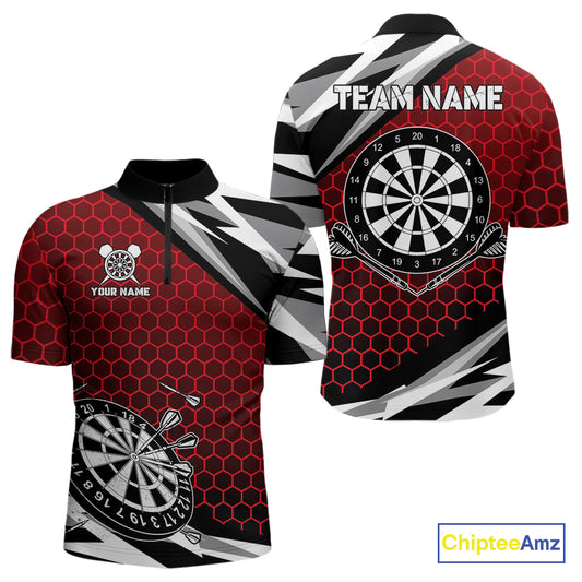 Personalized Dartboard Red Hexagon Dart Shirts For Men Custom Team Polo & 1/4 Zip Darts Jerseys TDM4116