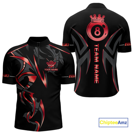 Customized 8 Ball Pool Crown Men Billiard Shirts, Red And Black Billiard Team Shirt Pool Jerseys TDM4728