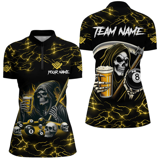 Yellow Funny Grim Reaper & Beer Billiard Shirts For Women Custom 8 Ball Lightning Billiard Jerseys TDM2939