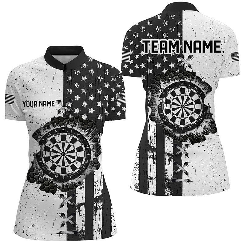 Personalized Black White Grunge US Flag Darts Shirts For Women Custom Patriotic Retro Darts Jerseys TDM1986
