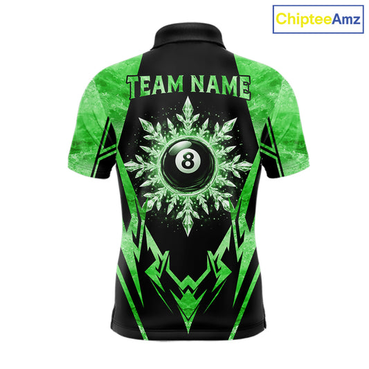 Black and green 8 ball pool icy billiard team jersey polo shirt for men featuring frozen ice effects and bold green highlights, premium custom pool league apparel for tournaments and league play.