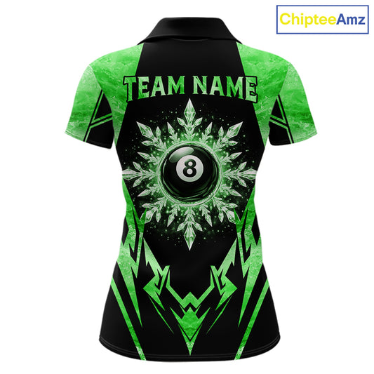 Black and green 8 ball pool icy billiard team jersey polo shirt for women featuring frozen ice effects and bold green highlights, premium custom pool league apparel for tournaments and league play.