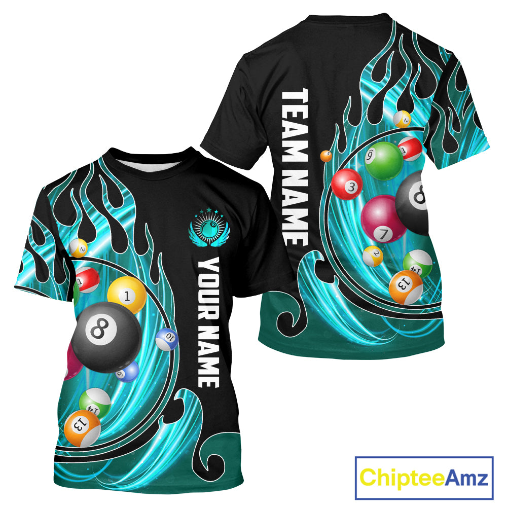 Blue Cyan Pool Balls Fire Flame Billiard T-Shirt For Men Custom Pool Team Shirt, Billiard Jersey TDM2720