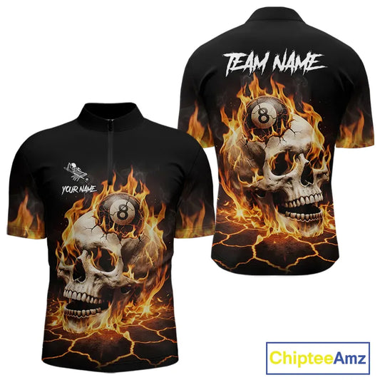 Orange Flaming Skull 8 Ball Billiard Shirt For Men Custom Pool Team Jersey Polo & Quarter Zip TDM5421