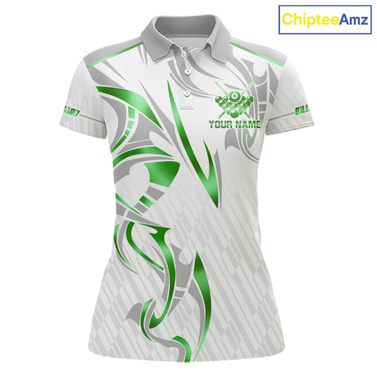 White And Green Custom Crown 8 Ball Women's Billiards Shirts, Billiard Jersey Team Polo & 1/4 Zip TDM6055