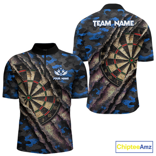 Blue Retro Grunge Camo Darts Shirt For Men Custom Darts Jersey Team Polo & Quarter Zip Uniform TDM5449