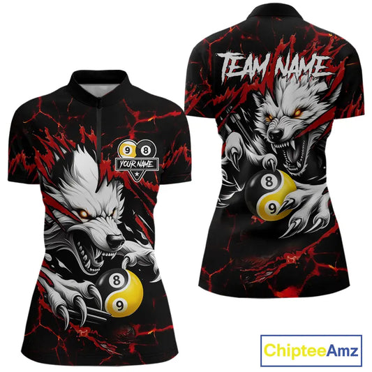Personalized Wolf Yin-Yang 8 & 9 Ball Billiard Shirt For Women, Billiard Team Jersey Polo & 1/4 Zip TDM5470