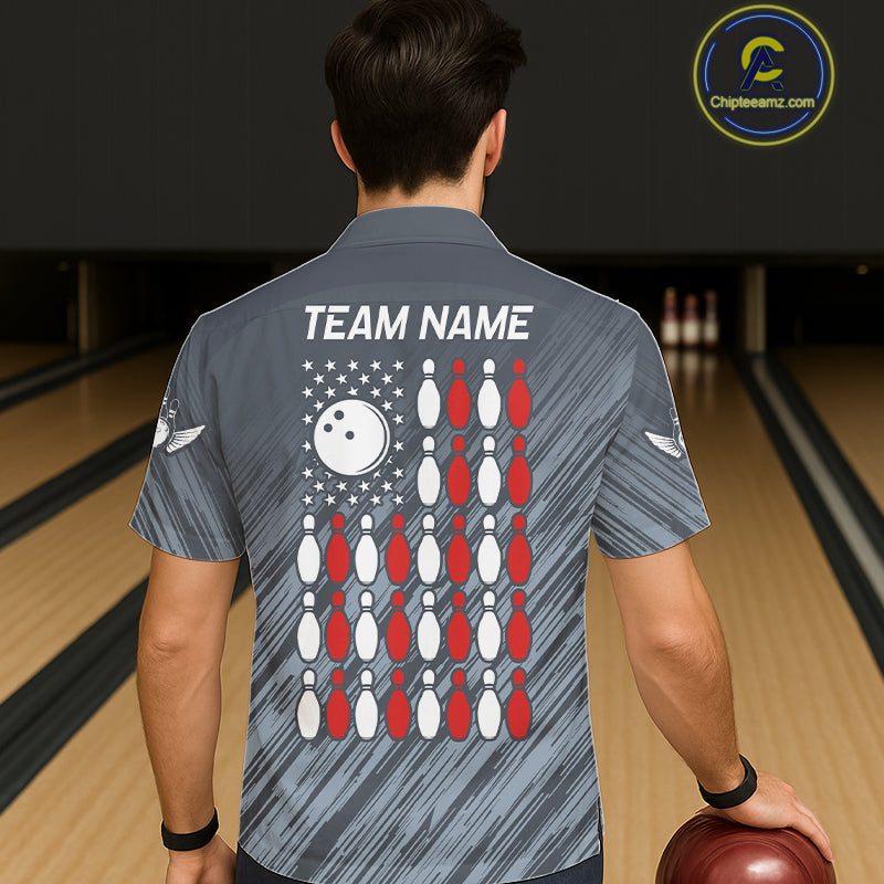 Personalized US Flag Grey Hawaiian Bowling Shirt For Women, Patriotic Bowling Team Jersey TDM6087