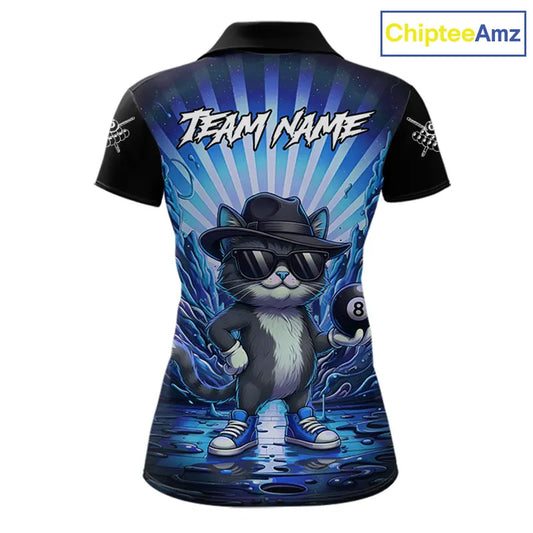 Funny Cat 8 Ball Billiard Shirt For Women Custom Blue Neon Graffiti Billiard Jersey Polo & 1/4 Zip TDM5742
