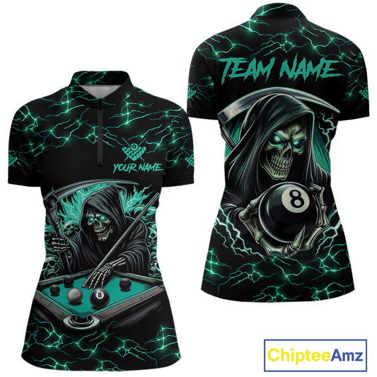 Turquoise Funny Grim Reaper 8 Ball Pool Women Billiard Shirts Custom Lightning Billiard Jerseys TDM2040