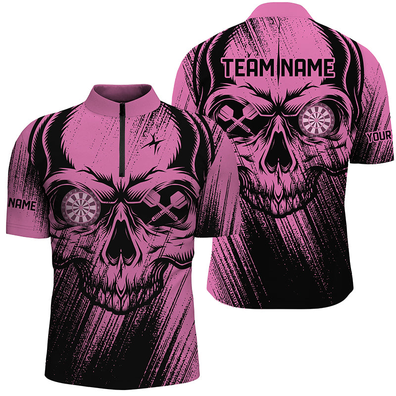 Personalized Pink Grunge Skull Darts Polo & Quarter-Zip Shirt For Men Custom Cool Darts Team Jersey TDM2531
