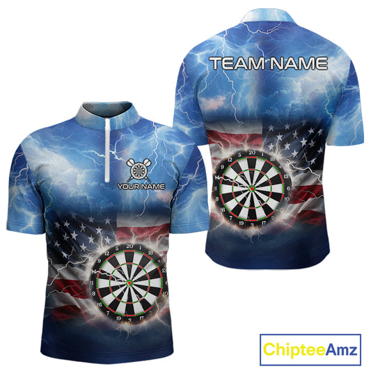 Blue American Flag Thunder Lightning Darts Shirt For Men Custom Darts Jersey Team Polo & 1/4 Zip TDM5270