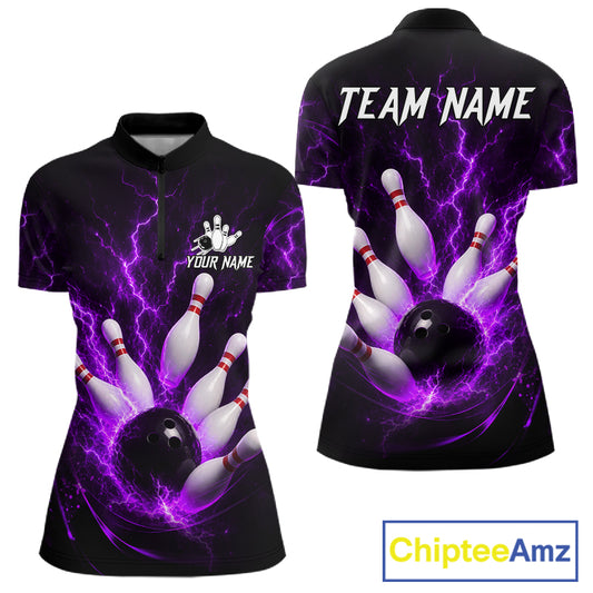 Personalized Purple Thunder Lightning Bowling Jersey For Women, Bowling League Shirts Polo & 1/4 Zip TDM6574