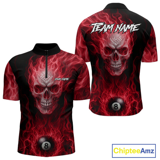 Red Flaming Skull 8 Ball Fire Billiard Shirt For Men Custom Billiard Team Jersey Polo & 1/4 Zip TDM5064