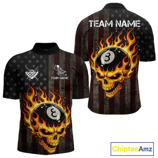 Vintage American Flag Skull Flame Billiard Shirt For Men Custom Patriotic 8 Ball Pool Team Jersey TDM5545
